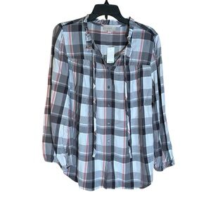 LOFT Outlet Women’s Plaid Blouse Ruffle Neck Long Sleeve Medium Flowy NWT Gray‎